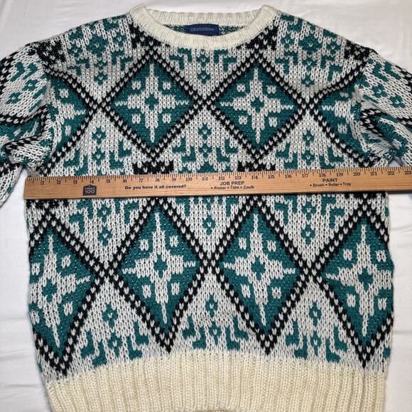VTG Claybrooke Unisex Medium Sweater Cream Teal Navy Chunky Knit Long Sleeve - Picture 5 of 13